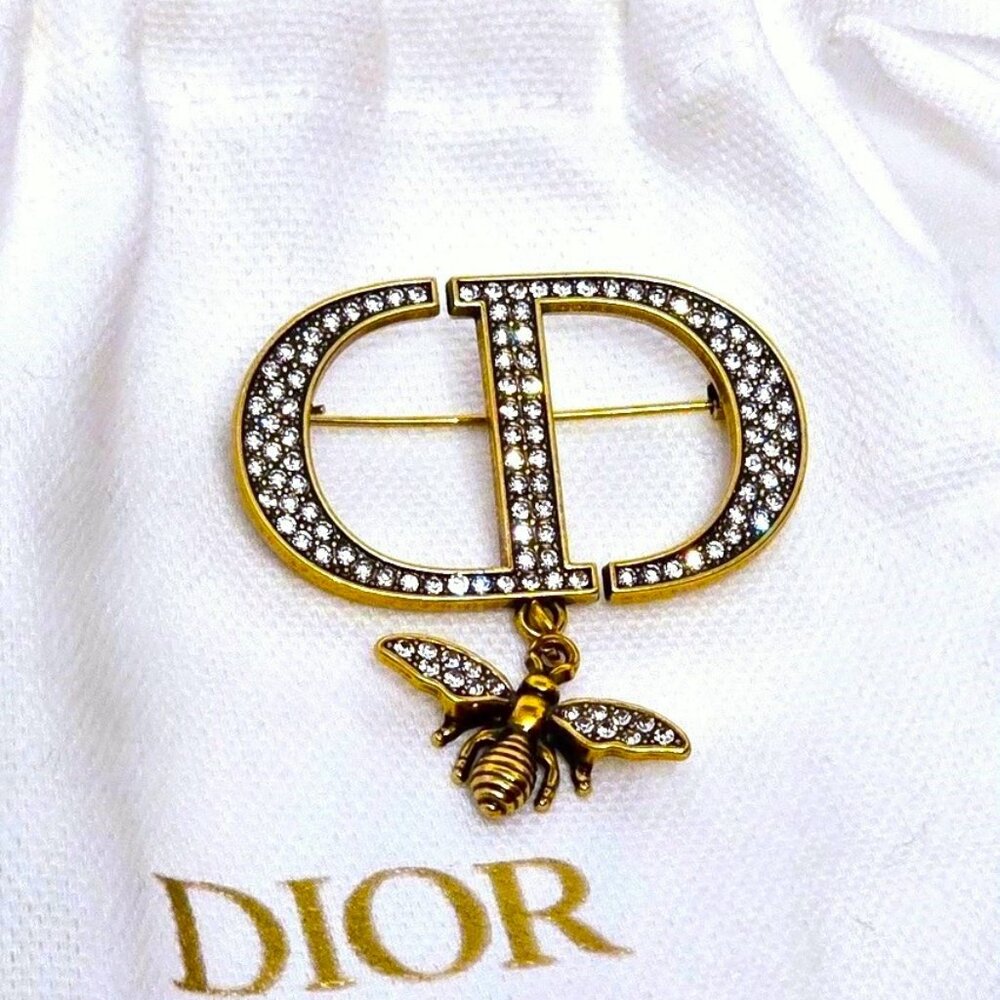 Dior Bee Antique Gold Brooch / Pin with Crystal in a Jewelry Bag Vintage & Rare - Picture 10 of 12